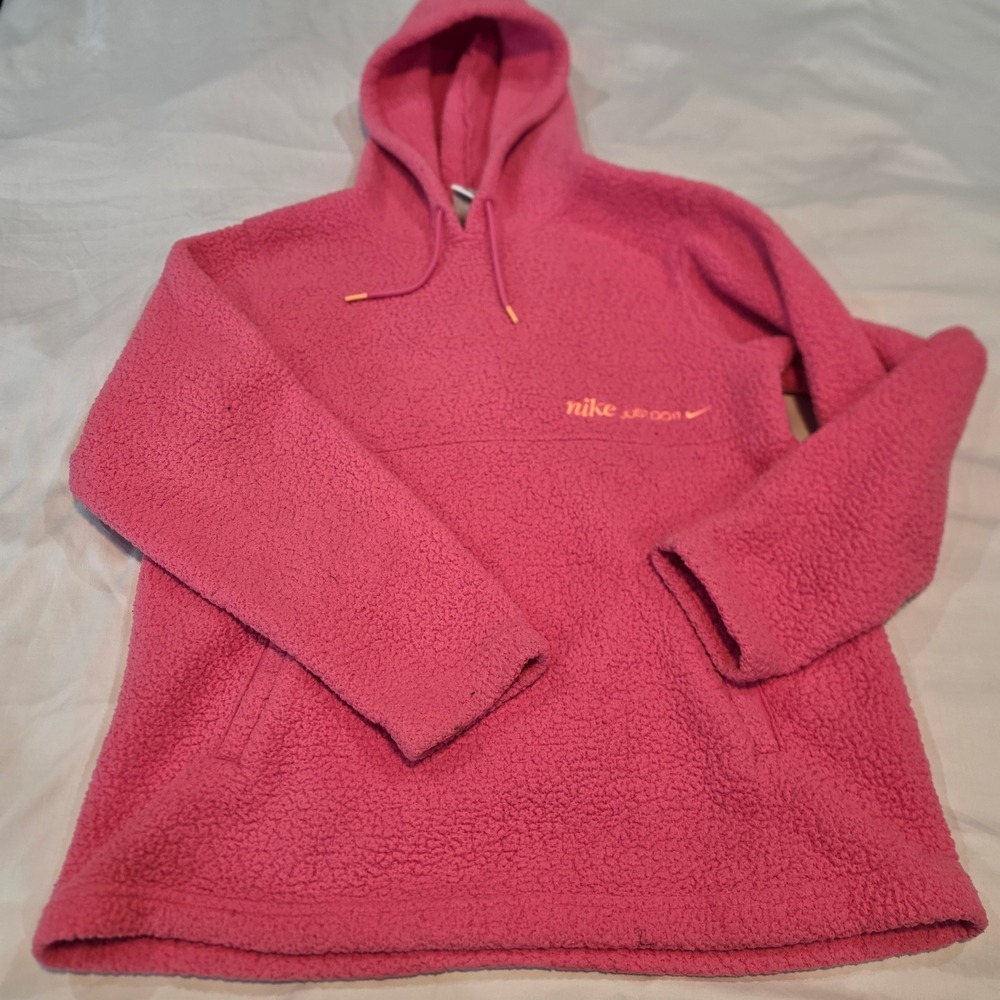 Nike Sherpa Fleece Hoodie Women Large Pink Good Just Do It Pullover Teddy